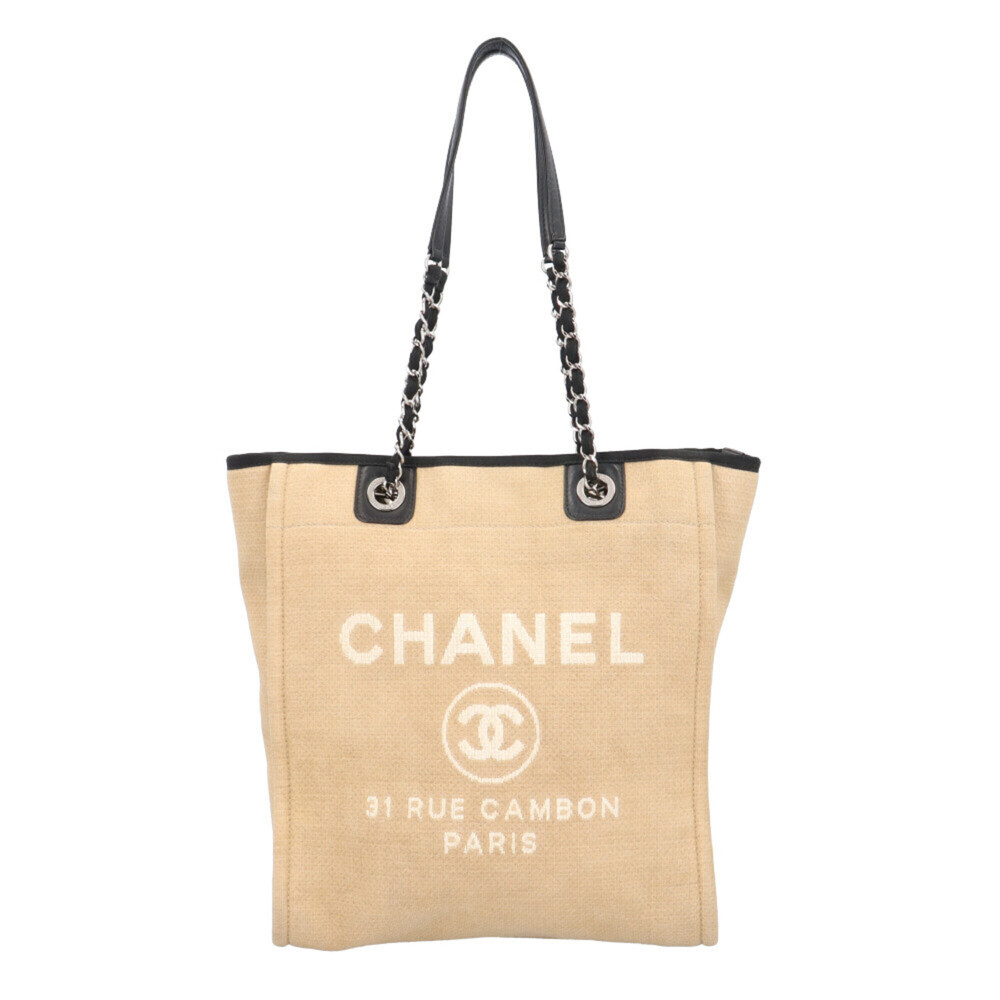 Chanel Deauville PM Tote Bag, Canvas, Beige, Women's, CHANEL Chain